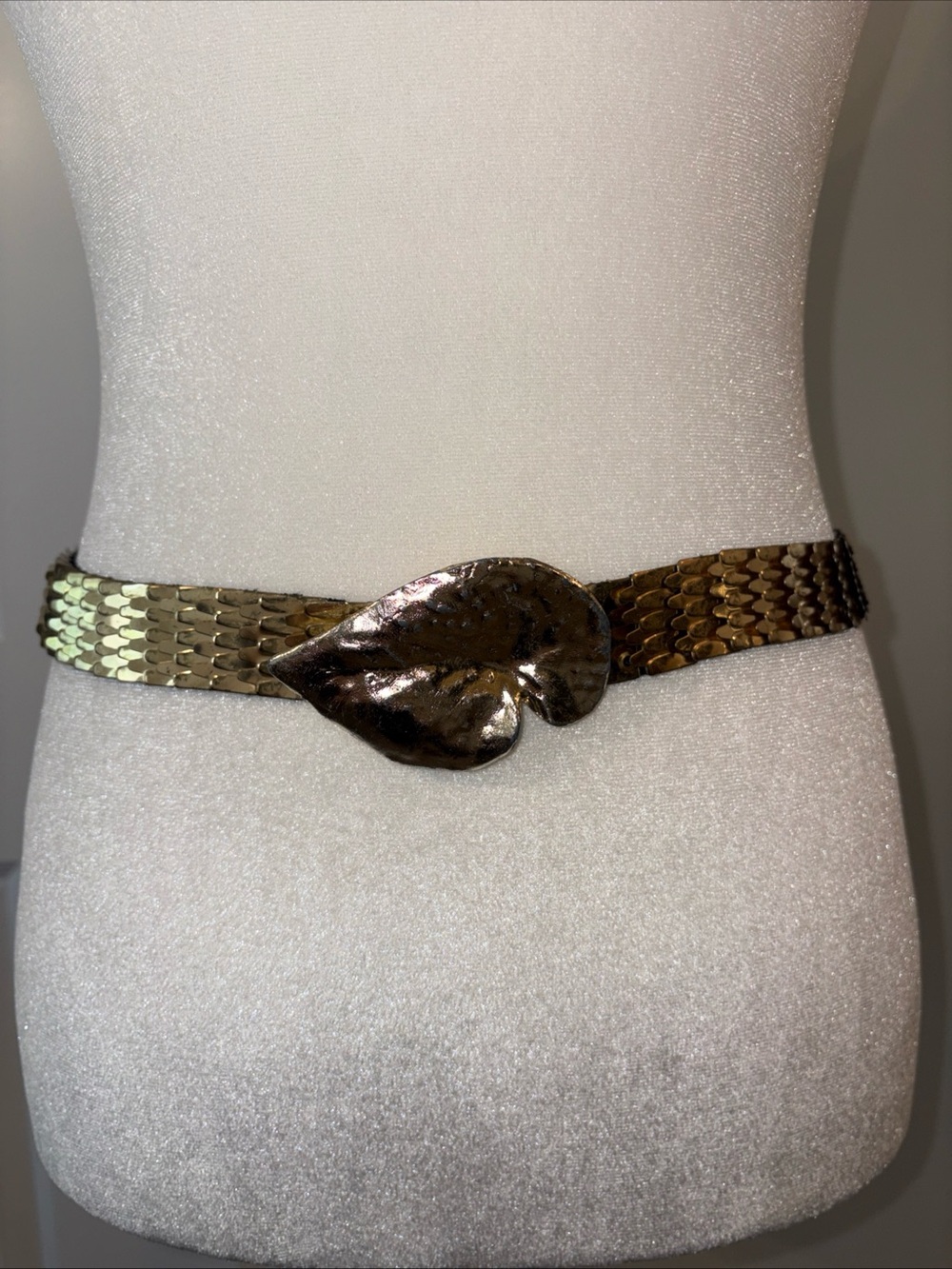 Metallic Gold Leaf Buckle Stretch Belt - Women Accessories Hook and Slit Clasp